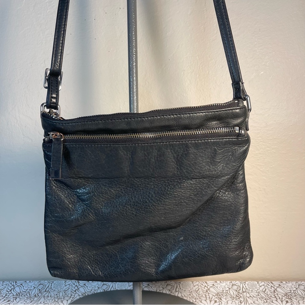 MARGOT Leather Two Zipper Crossbody Shoulder Bag In black leather